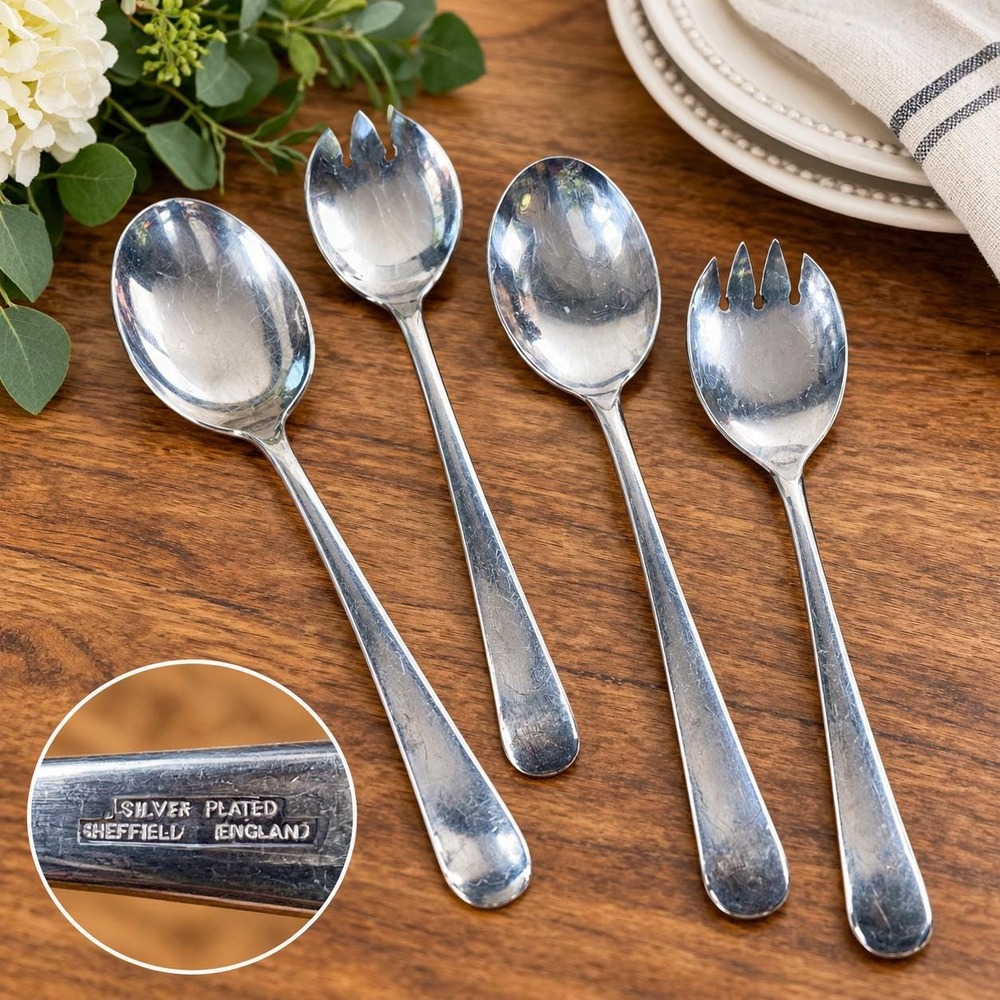 Vintage Silver Plated Salad Servers Set of 4 Sheffield England Serving Spoons